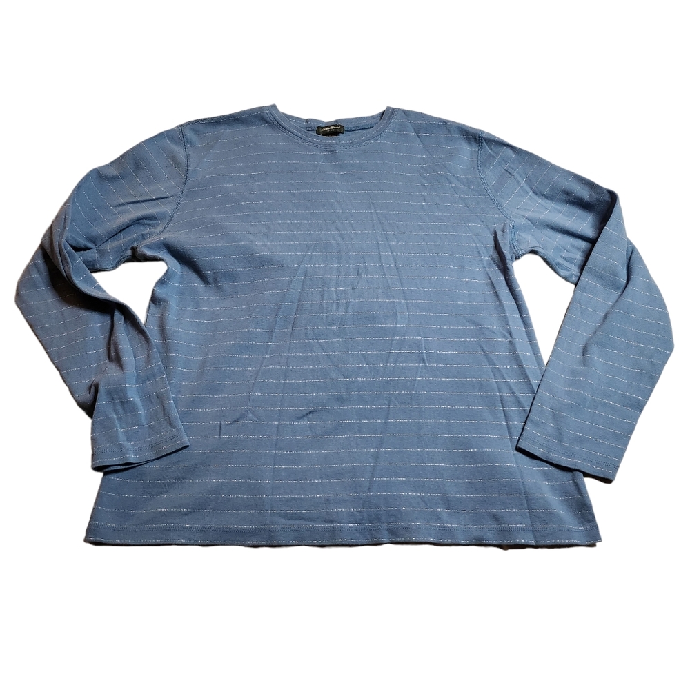 Eddie Bauer Women's Long-Sleeve Blue w/Tiny Silver Stripes Shirt Size XL